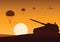 tank still on desert to attack enemy,paratrooper down,silhouette design