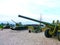 Tank T 32 and then a cannon howitzers Soviet combat weapon of WWII