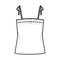 Tank tie strap top technical fashion illustration with ruching, oversized, tunic length. Flat apparel outwear shirt