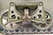 Tank tracks. Tank of the Second World War. Track armor close-up. Black track link and large rubberized rollers. Tank chassis. The