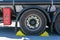 Tank truck wheel with chocks placed