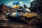 A tank with a Ukrainian flag and patriotic yellow and blue paint on the background of destroyed houses.