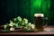 A tankard of fresh beer and a clover decoration for luck, this still life is a reminder of the celebration of St. Patrick