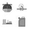 Tanker, pipe stop, oil refinery, canister with gasoline. Oil industry set collection icons in monochrome style vector