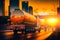 Tanker truck on the big highway city, at sunset on the road. Generative AI