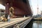 Tanker under inspection in Malaysian drydock.