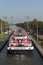 A tanker vessel leaves the lock in Frankfurt-Griesheim