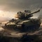 Tanks among the destroyed city. The invasion of tank equipment on someone else\\\'s territory