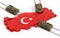 Tanks moving through the Turkish map and flag. 3D illustration