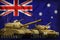 Tanks with orange camouflage on the Australia flag background. Australia tank forces concept. 3d Illustration