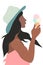 Tanned Indian or Mexican girl in profile with long black hair in blue hat and strapless rosy undershirt holds ice cream cone with