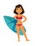 Tanned woman in maroon swimsuit and blue surfboard