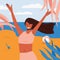 Tanned woman in swimsuit standing on beach on background of sea vector flat cartoon illustration.