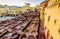 Tanneries of Fez. Dye reservoirs and vats in traditional tannery of city of Fez