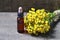 Tansy essential oil in a glass bottle and fresh blooming Tanacetum vulgare plant on old wooden background.