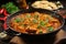 Tantalizing chicken curry with aromatic spices, prepared in a wooden pan