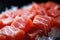 A tantalizing close-up captures the exquisite macro detail of fresh tuna sashimi, a Japanese delicacy.. Ai generated