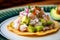 tantalizing close-up of a Peruvian-style Ceviche garnished with sliced avocado, served on a crispy tostada