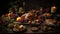 Tantalizing close-up photograph of Concept of Thanksgiving day, Autumn table setting, highlighting the rich flavors of the spices
