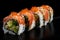 tantalizing close-up of a salmon sushi roll with sesame seeds and green onions on top