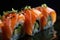 tantalizing close-up of a salmon sushi roll with sesame seeds and green onions on top