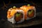 tantalizing close-up of a salmon sushi roll with sesame seeds and green onions on top