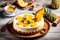 A tantalizing image featuring a delicious cold cheesecake with pineapple and biscuits.