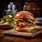 A tantalizing jumbo burger with a succulent chicken patty, tangy pickles, and a soft brioche bun.