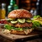 A tantalizing jumbo burger with a succulent chicken patty, tangy pickles, and a soft brioche bun.