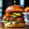 A tantalizing jumbo burger with a succulent chicken patty, tangy pickles, and a soft brioche bun.