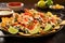 a tantalizing platter of seafood nachos with lime wedges