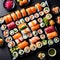 A tantalizing spread of colorful sushi rolls arranged on a sleek black platter