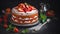 A tantalizing strawberry shortcake, layered with cream and fresh strawberries, ready to be savored. Set against a dark backdrop