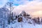 Tanvaldsky Spicak Mountain with rock view point at winter time, Czech Republic