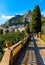 Taormina with Castello Saraceno Castle on Monte Tauro rock seen from Villa Comunale park in Sicily in Italy
