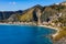 Taormina shore at Ionian sea with Giardini Naxos and Villagonia towns in Messina region of Sicily in Italy