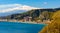 Taormina shore at Ionian sea with Giardini Naxos and Villagonia towns and Mount Etna in Messina region of Sicily in Italy