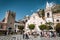 TAORMINA, SICILY / ITALY - OCTOBER 1, 2018: Church of San Giuseppe, Clock Tower and Middle Gate in Taormina city square
