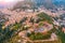 Taormina theater, amphitheater, arena is a town on the island of Sicily, Italy. Aerial View from above in the evening sunset