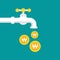 Tap or faucet with golden korean won coins. Money resource, passive income concept