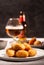 Tapas croquettes, traditional Spanish or French snack with beer on the background