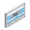 Tape cassette, vector isometric illustration. Grey retro tape cassette with blue label
