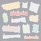 Taped paper. Ripped pieces of white and colored note pages vector realistic template