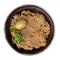 Tapenade - olive paste made from green olives. Spreadable green olive cream in bowl isolated on white