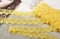 Tapes of yellow gentle guipure, beauty lace fabric. Elastic material