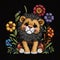 Tapestry embroidery textured colorful sad cute little lion. Floral ornamental bright pattern background illustration with flowers