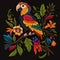 Tapestry textured bright parrot on the branch. Floral embroidery pattern background illustration. Stitch lines embroidered