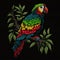 Tapestry textured bright parrot on the branch with leaves. Exotic bird. Rmbroidery tropical pattern background illustration.