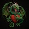 Tapestry textured green fierce dragon with red eyes, sharp teeth, wings, holding red love hearts in hands. Embroidery colorful