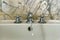 taps mounted on a marble tile bottom sink